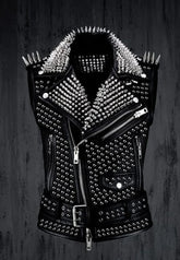 Bikers Leather Vest Jacket, Handmade Spiked Punk Vest, Men Belted Vest, Personalized Motorbike Brando Zipper Heavy Studs Vest,